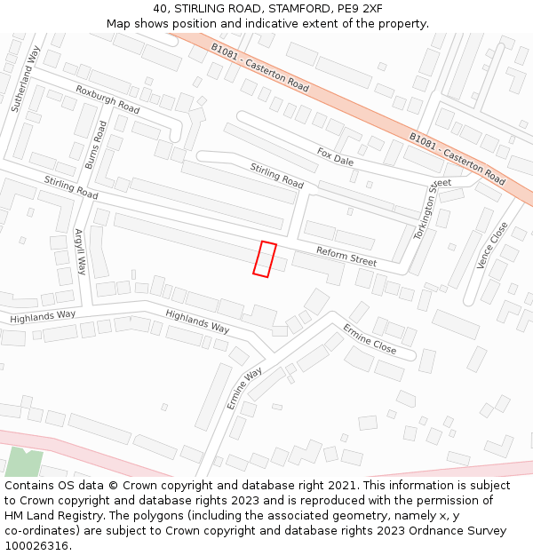 40, STIRLING ROAD, STAMFORD, PE9 2XF: Location map and indicative extent of plot