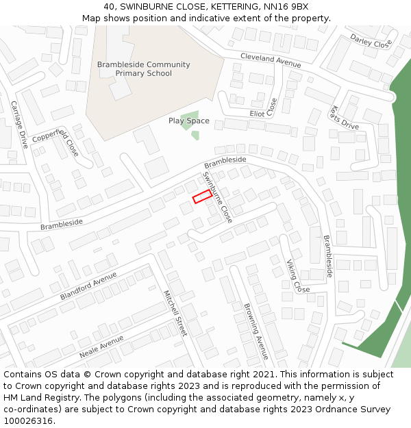 40, SWINBURNE CLOSE, KETTERING, NN16 9BX: Location map and indicative extent of plot