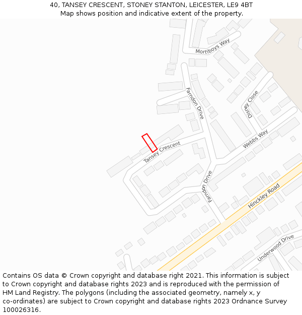 40, TANSEY CRESCENT, STONEY STANTON, LEICESTER, LE9 4BT: Location map and indicative extent of plot