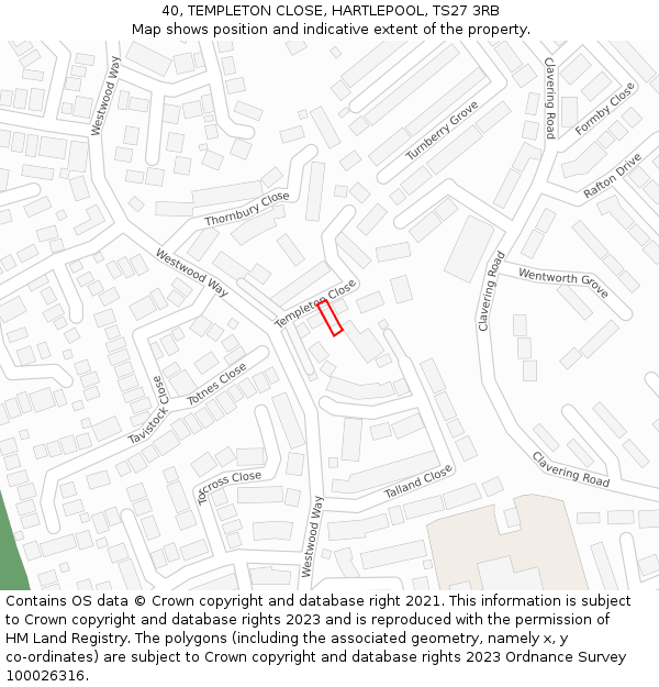 40, TEMPLETON CLOSE, HARTLEPOOL, TS27 3RB: Location map and indicative extent of plot