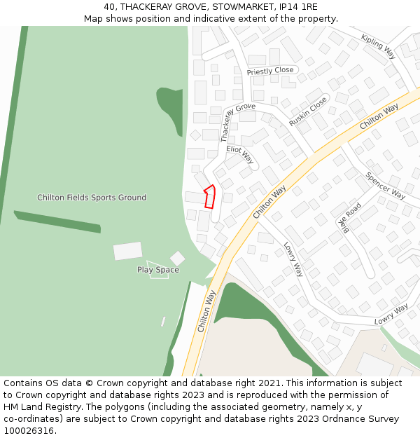 40, THACKERAY GROVE, STOWMARKET, IP14 1RE: Location map and indicative extent of plot