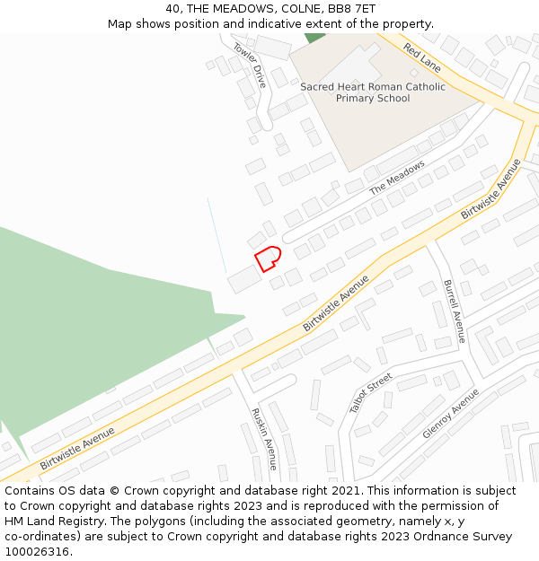 40, THE MEADOWS, COLNE, BB8 7ET: Location map and indicative extent of plot