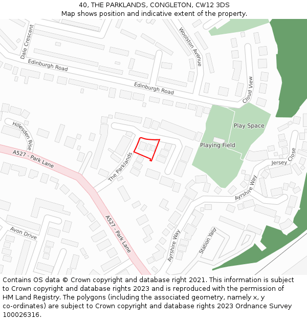 40, THE PARKLANDS, CONGLETON, CW12 3DS: Location map and indicative extent of plot