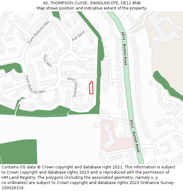 40, THOMPSON CLOSE, SWADLINCOTE, DE11 8NB: Location map and indicative extent of plot