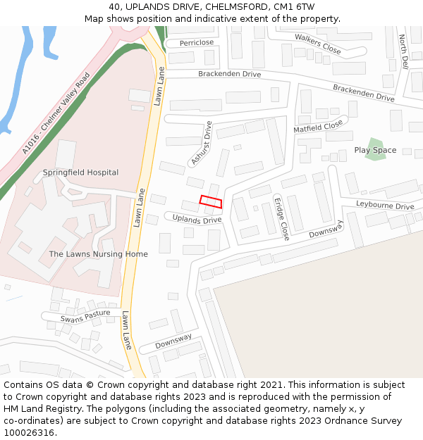 40, UPLANDS DRIVE, CHELMSFORD, CM1 6TW: Location map and indicative extent of plot