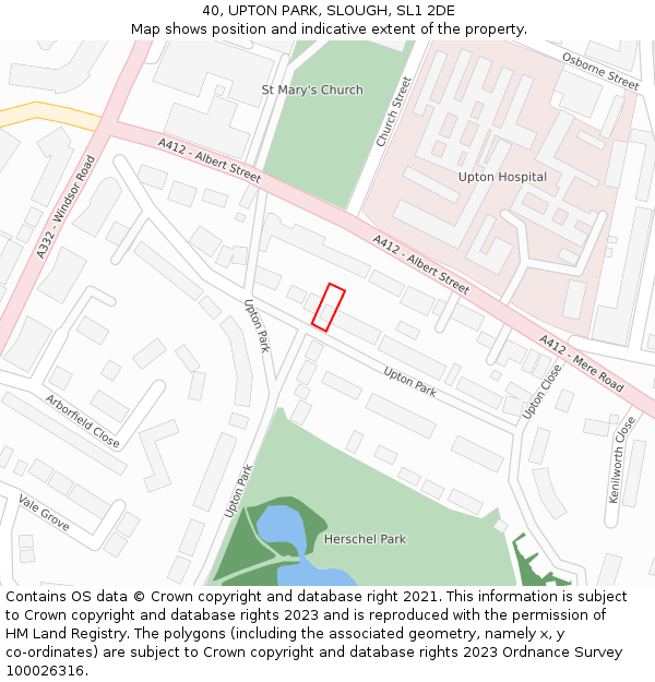 40, UPTON PARK, SLOUGH, SL1 2DE: Location map and indicative extent of plot