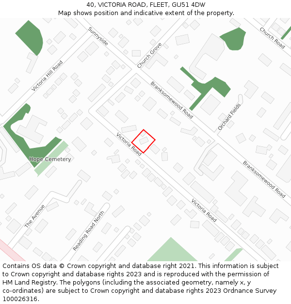 40, VICTORIA ROAD, FLEET, GU51 4DW: Location map and indicative extent of plot