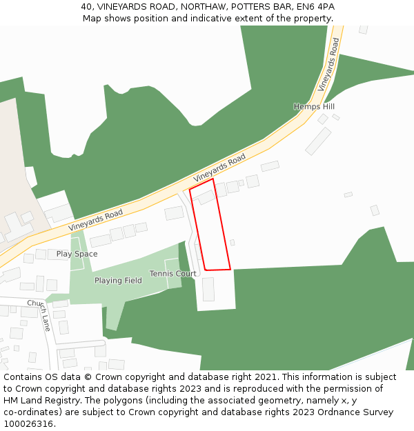 40, VINEYARDS ROAD, NORTHAW, POTTERS BAR, EN6 4PA: Location map and indicative extent of plot