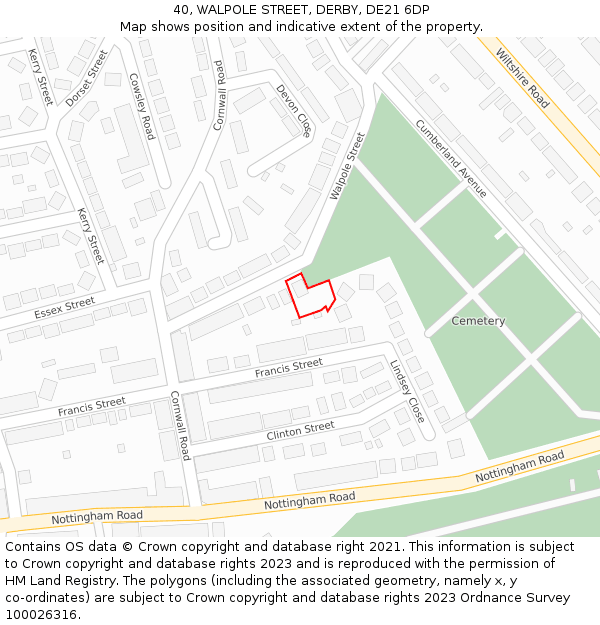 40, WALPOLE STREET, DERBY, DE21 6DP: Location map and indicative extent of plot