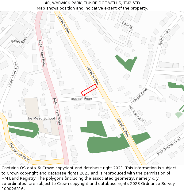 40, WARWICK PARK, TUNBRIDGE WELLS, TN2 5TB: Location map and indicative extent of plot