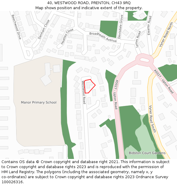 40, WESTWOOD ROAD, PRENTON, CH43 9RQ: Location map and indicative extent of plot