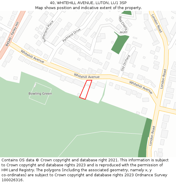 40, WHITEHILL AVENUE, LUTON, LU1 3SP: Location map and indicative extent of plot