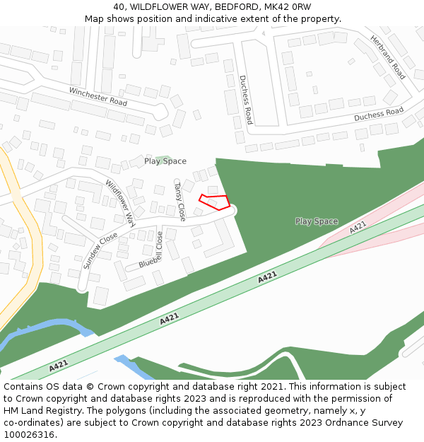 40, WILDFLOWER WAY, BEDFORD, MK42 0RW: Location map and indicative extent of plot