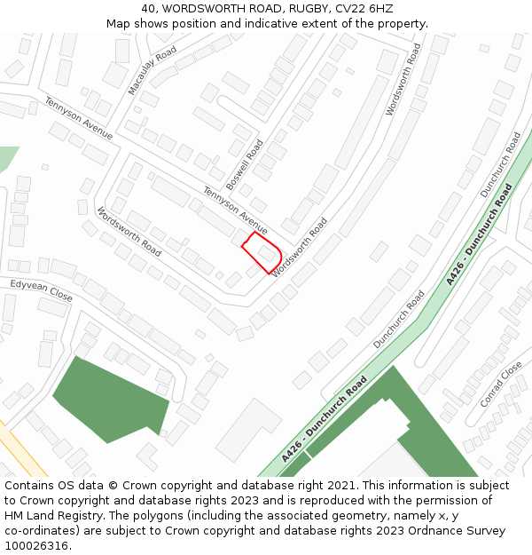 40, WORDSWORTH ROAD, RUGBY, CV22 6HZ: Location map and indicative extent of plot