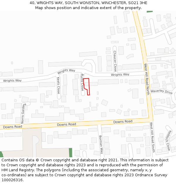 40, WRIGHTS WAY, SOUTH WONSTON, WINCHESTER, SO21 3HE: Location map and indicative extent of plot