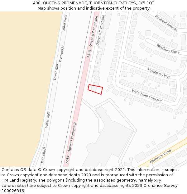 400, QUEENS PROMENADE, THORNTON-CLEVELEYS, FY5 1QT: Location map and indicative extent of plot