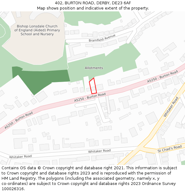 402, BURTON ROAD, DERBY, DE23 6AF: Location map and indicative extent of plot