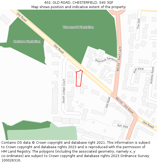 402, OLD ROAD, CHESTERFIELD, S40 3QF: Location map and indicative extent of plot