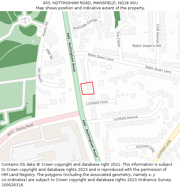 403, NOTTINGHAM ROAD, MANSFIELD, NG18 4SU: Location map and indicative extent of plot