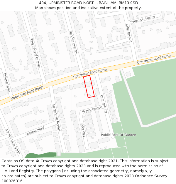 404, UPMINSTER ROAD NORTH, RAINHAM, RM13 9SB: Location map and indicative extent of plot