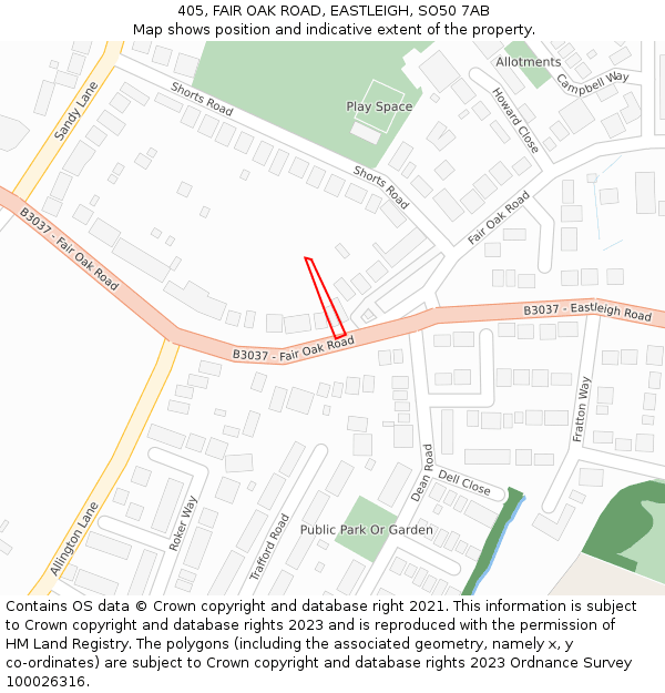 405, FAIR OAK ROAD, EASTLEIGH, SO50 7AB: Location map and indicative extent of plot