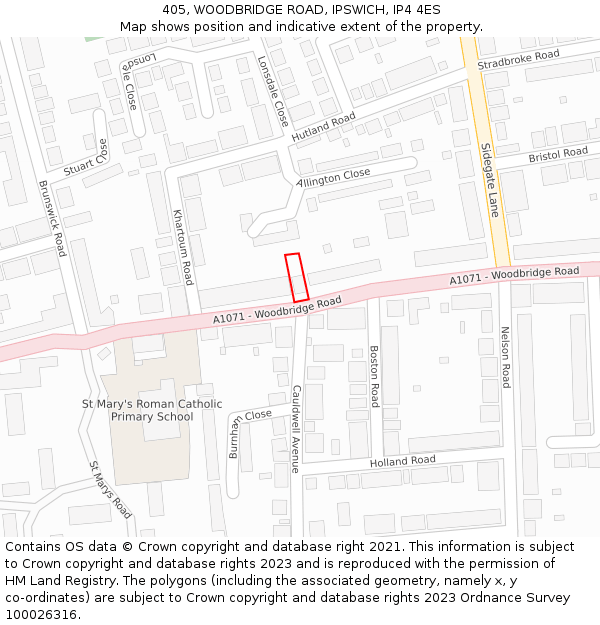 405, WOODBRIDGE ROAD, IPSWICH, IP4 4ES: Location map and indicative extent of plot