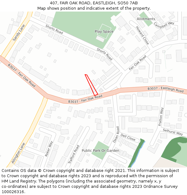 407, FAIR OAK ROAD, EASTLEIGH, SO50 7AB: Location map and indicative extent of plot