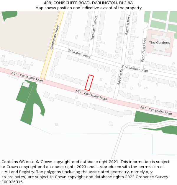 408, CONISCLIFFE ROAD, DARLINGTON, DL3 8AJ: Location map and indicative extent of plot