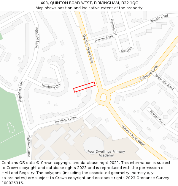 408, QUINTON ROAD WEST, BIRMINGHAM, B32 1QG: Location map and indicative extent of plot