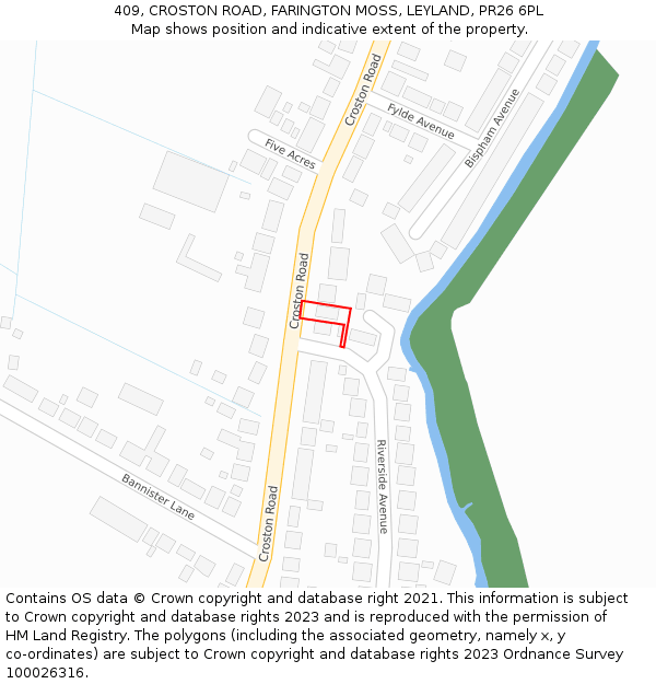 409, CROSTON ROAD, FARINGTON MOSS, LEYLAND, PR26 6PL: Location map and indicative extent of plot