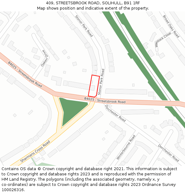 409, STREETSBROOK ROAD, SOLIHULL, B91 1RF: Location map and indicative extent of plot