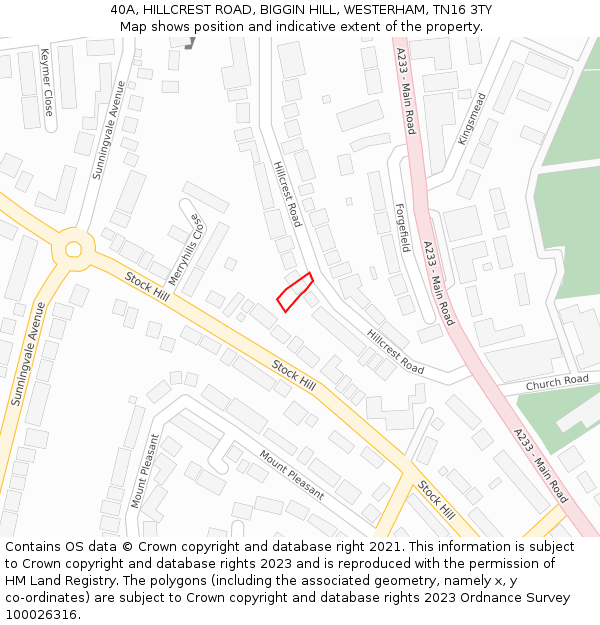 40A, HILLCREST ROAD, BIGGIN HILL, WESTERHAM, TN16 3TY: Location map and indicative extent of plot