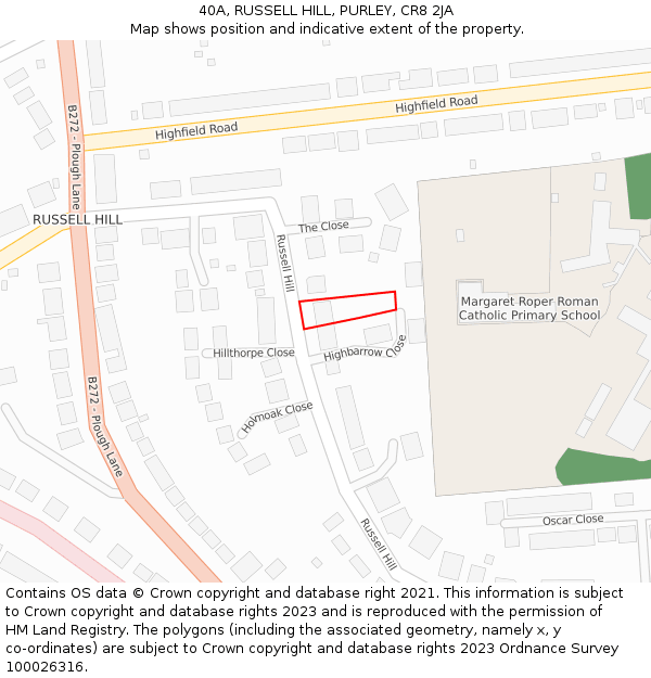 40A, RUSSELL HILL, PURLEY, CR8 2JA: Location map and indicative extent of plot