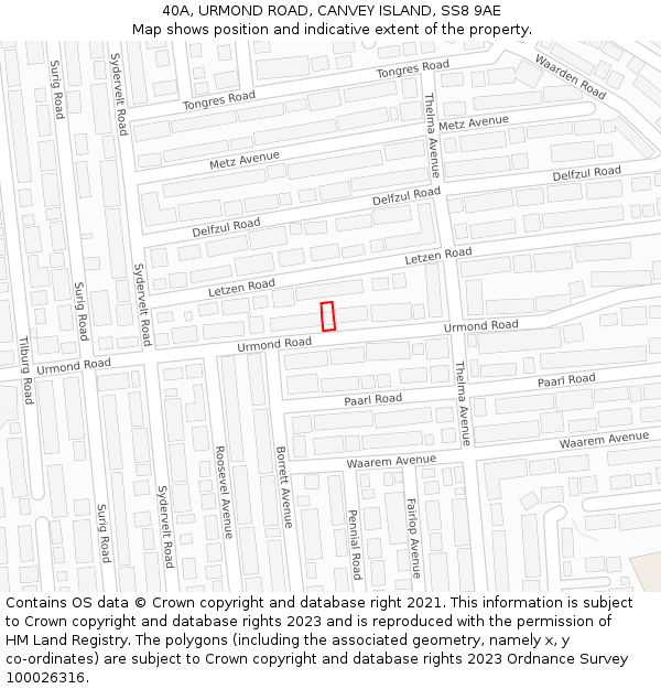 40A, URMOND ROAD, CANVEY ISLAND, SS8 9AE: Location map and indicative extent of plot