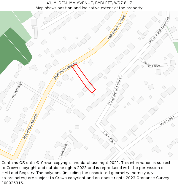 41, ALDENHAM AVENUE, RADLETT, WD7 8HZ: Location map and indicative extent of plot