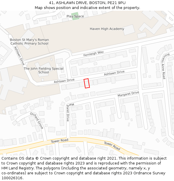 41, ASHLAWN DRIVE, BOSTON, PE21 9PU: Location map and indicative extent of plot