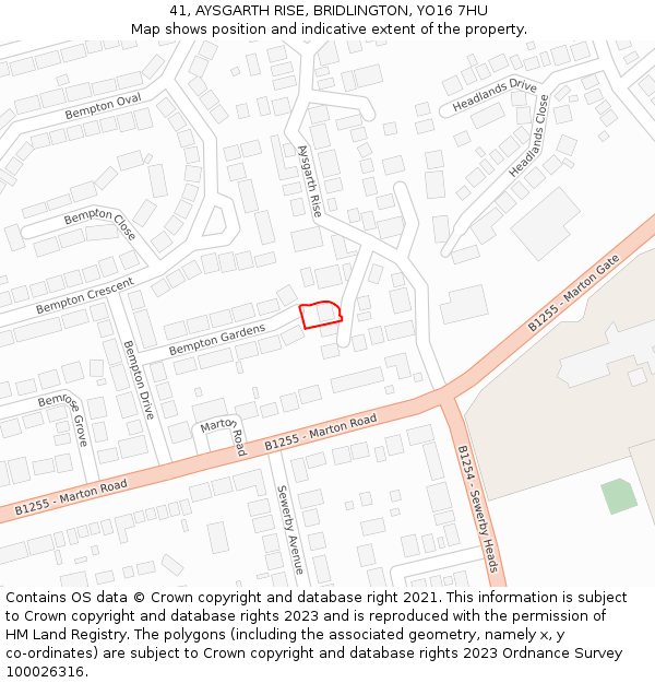 41, AYSGARTH RISE, BRIDLINGTON, YO16 7HU: Location map and indicative extent of plot