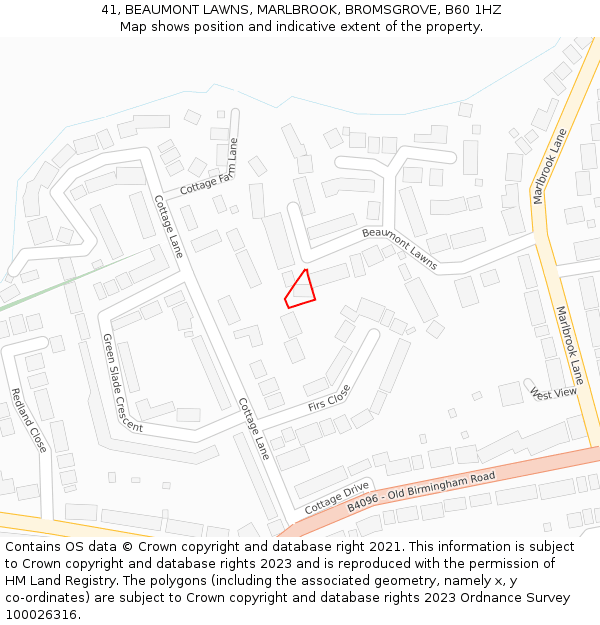 41, BEAUMONT LAWNS, MARLBROOK, BROMSGROVE, B60 1HZ: Location map and indicative extent of plot