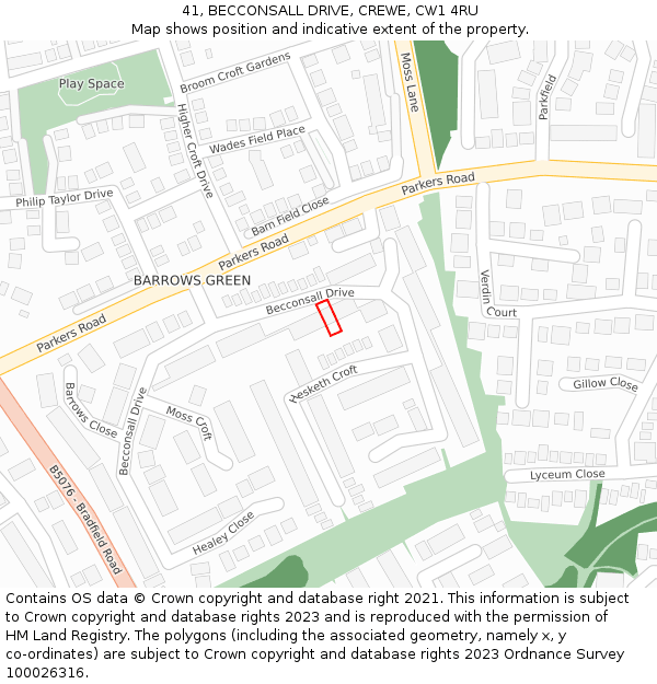 41, BECCONSALL DRIVE, CREWE, CW1 4RU: Location map and indicative extent of plot