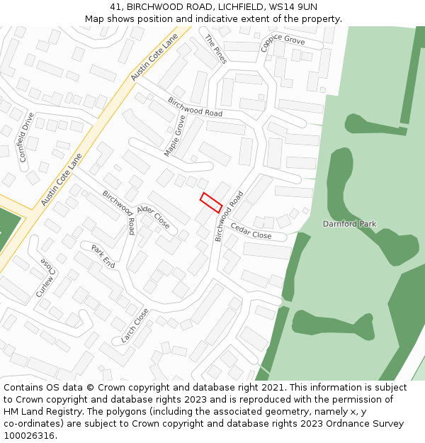 41, BIRCHWOOD ROAD, LICHFIELD, WS14 9UN: Location map and indicative extent of plot