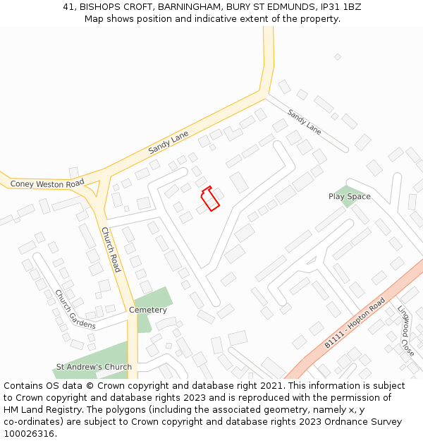 41, BISHOPS CROFT, BARNINGHAM, BURY ST EDMUNDS, IP31 1BZ: Location map and indicative extent of plot