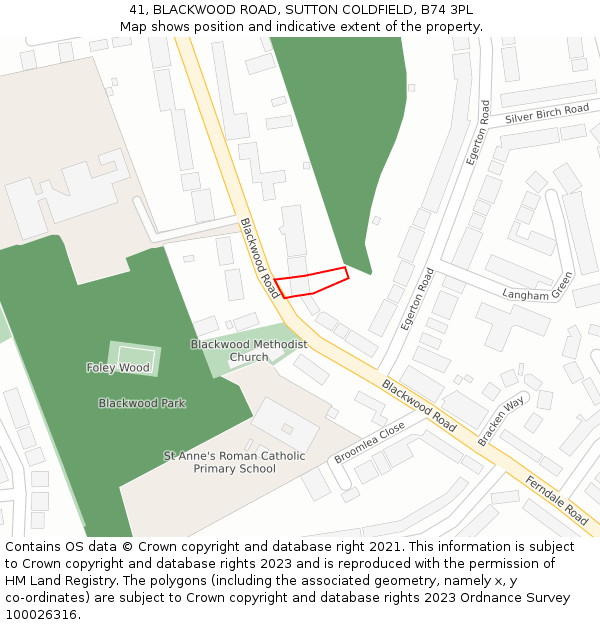 41, BLACKWOOD ROAD, SUTTON COLDFIELD, B74 3PL: Location map and indicative extent of plot