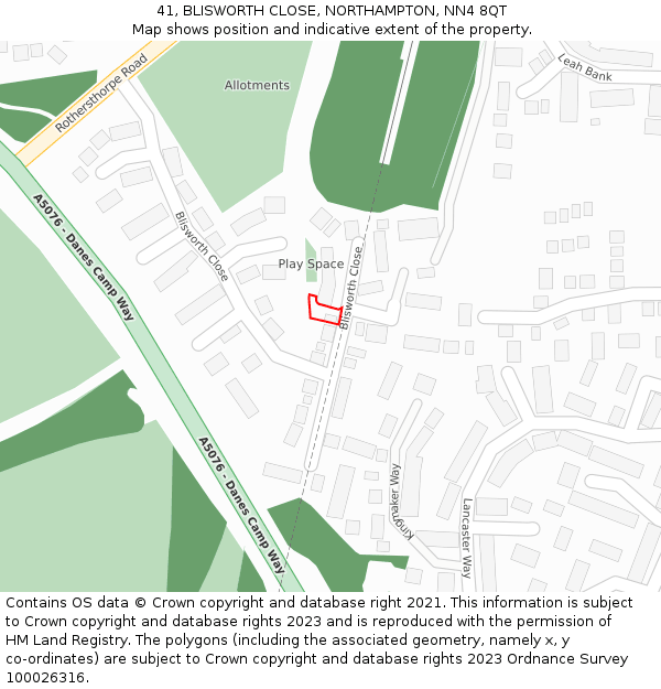 41, BLISWORTH CLOSE, NORTHAMPTON, NN4 8QT: Location map and indicative extent of plot