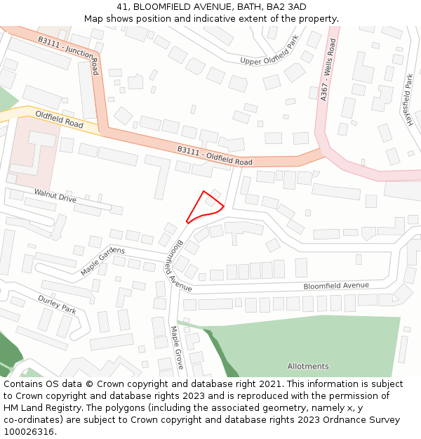 41, BLOOMFIELD AVENUE, BATH, BA2 3AD: Location map and indicative extent of plot