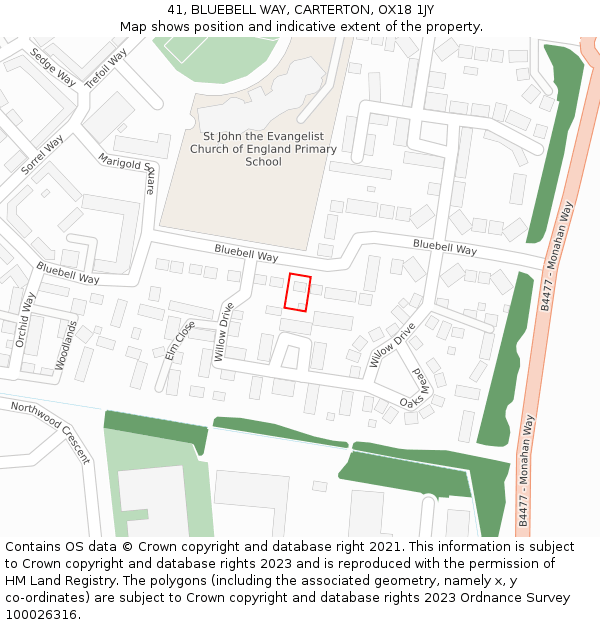 41, BLUEBELL WAY, CARTERTON, OX18 1JY: Location map and indicative extent of plot