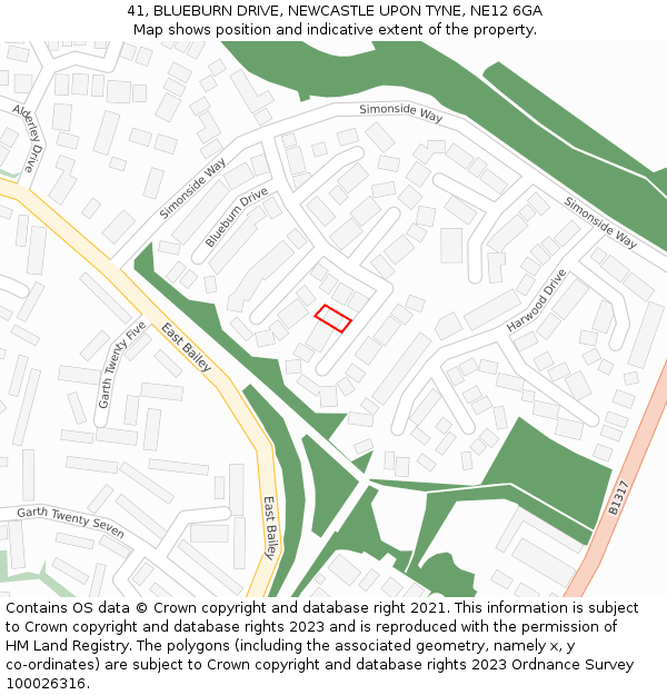 41, BLUEBURN DRIVE, NEWCASTLE UPON TYNE, NE12 6GA: Location map and indicative extent of plot