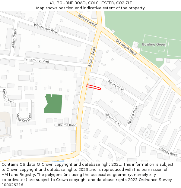 41, BOURNE ROAD, COLCHESTER, CO2 7LT: Location map and indicative extent of plot