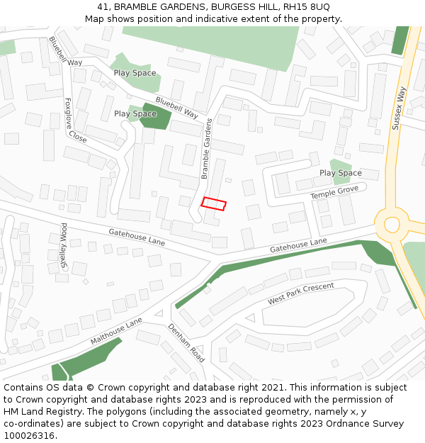 41, BRAMBLE GARDENS, BURGESS HILL, RH15 8UQ: Location map and indicative extent of plot