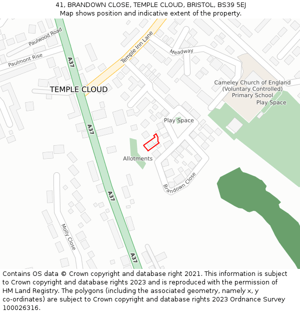 41, BRANDOWN CLOSE, TEMPLE CLOUD, BRISTOL, BS39 5EJ: Location map and indicative extent of plot