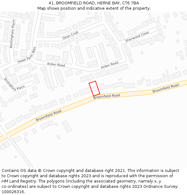 41, BROOMFIELD ROAD, HERNE BAY, CT6 7BA: Location map and indicative extent of plot